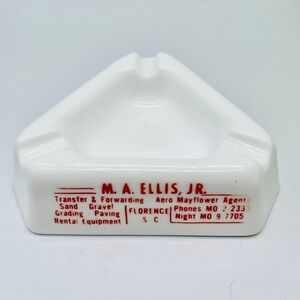 Vintage Florence SC Advertising Ashtray Milk Glass M.A. Ellis Jr